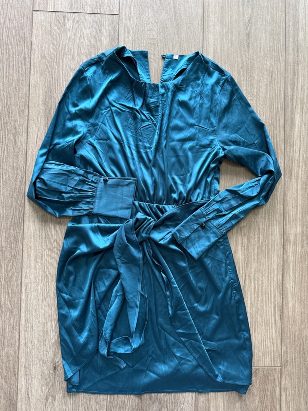 Satin Teal Long Sleeve Tie-Waist Dress